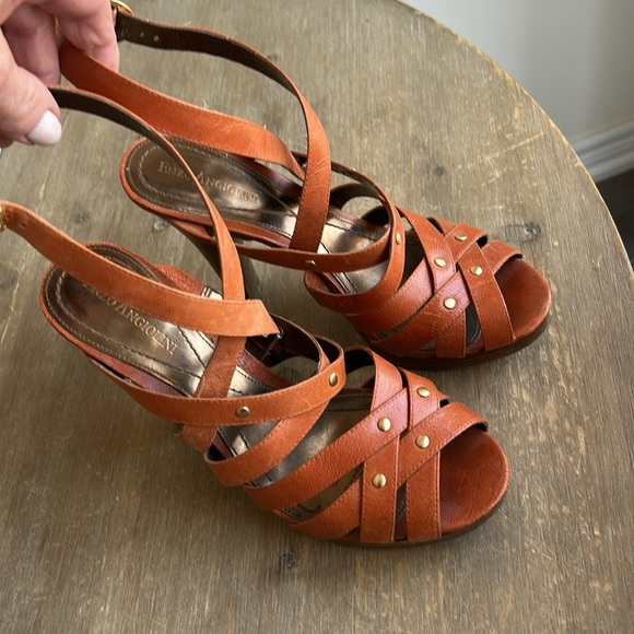 Enzo Angiolini Tan Leather High Heel Sandals with Gold Stud Details - Picture 4 of 15